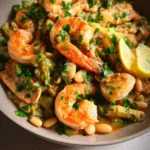 Crevettes aux poireaux et haricots blancs