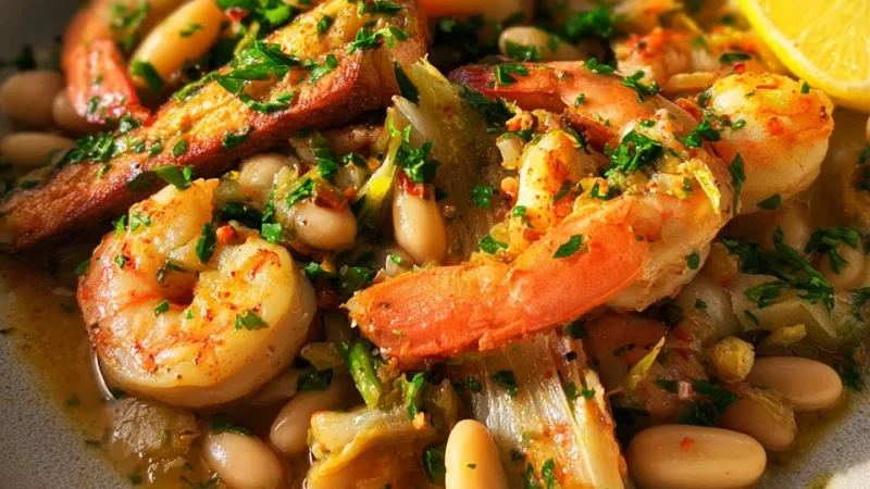 Crevettes aux poireaux et haricots blancs