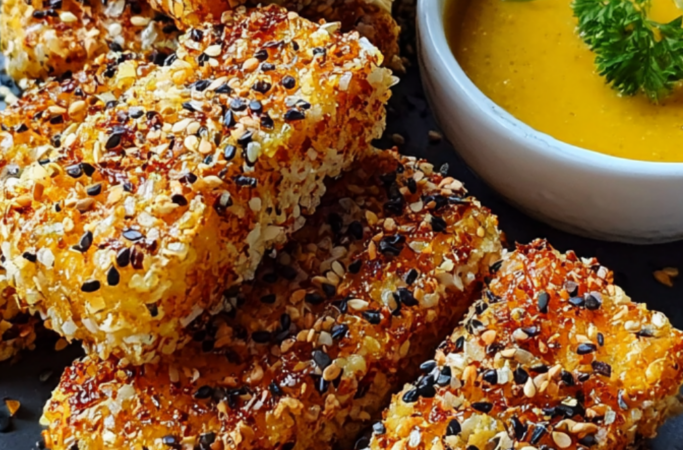 🌱 Tenders de tofu croustillants au “miel” & moutarde