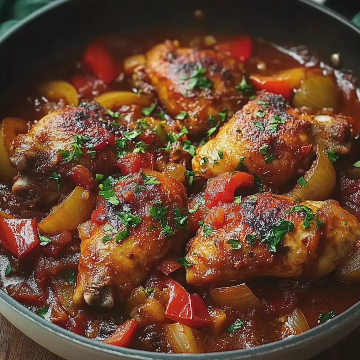 Plat de poulet basquaise servi avec des herbes fraîches