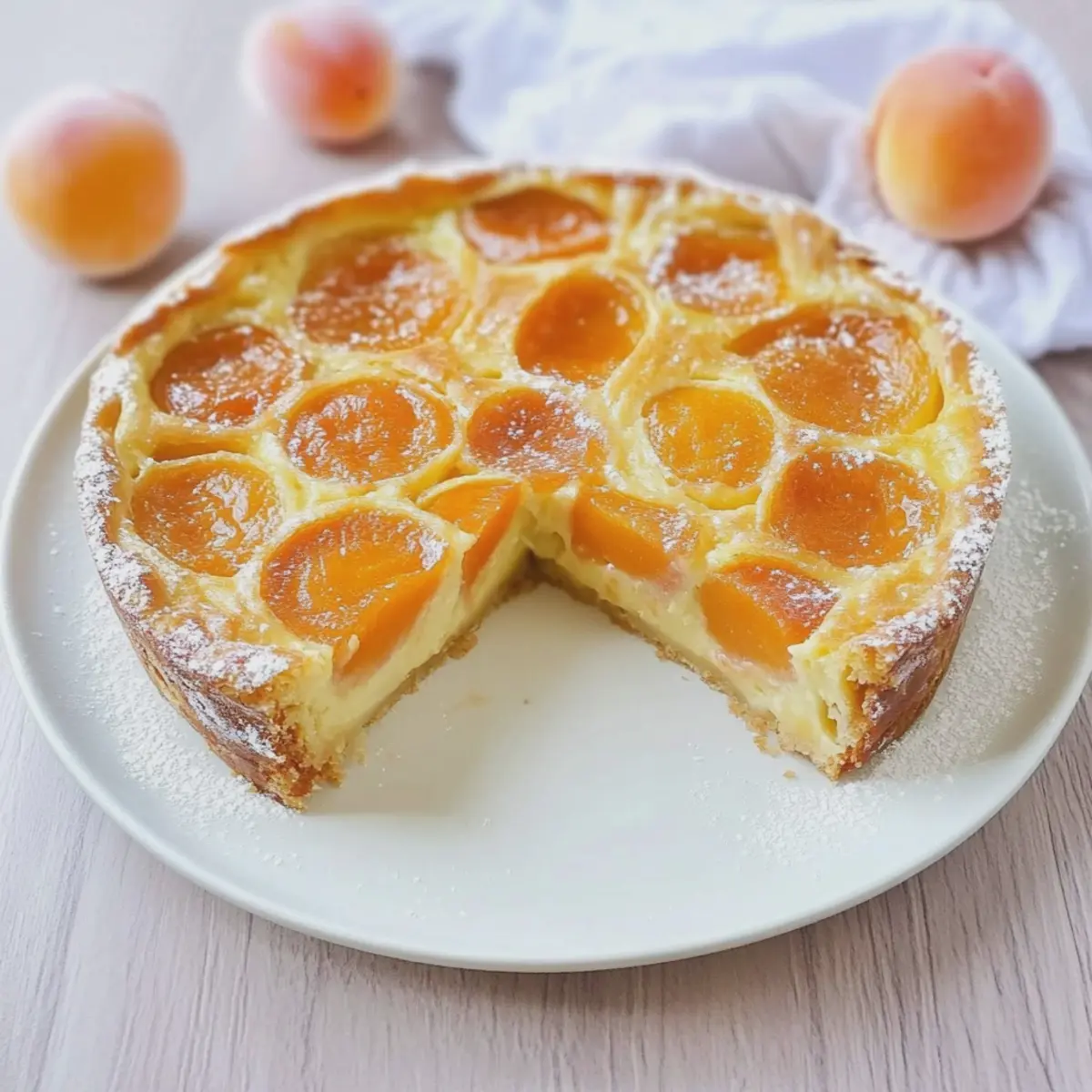 Clafoutis aux abricots présenté avec quelques fruits frais